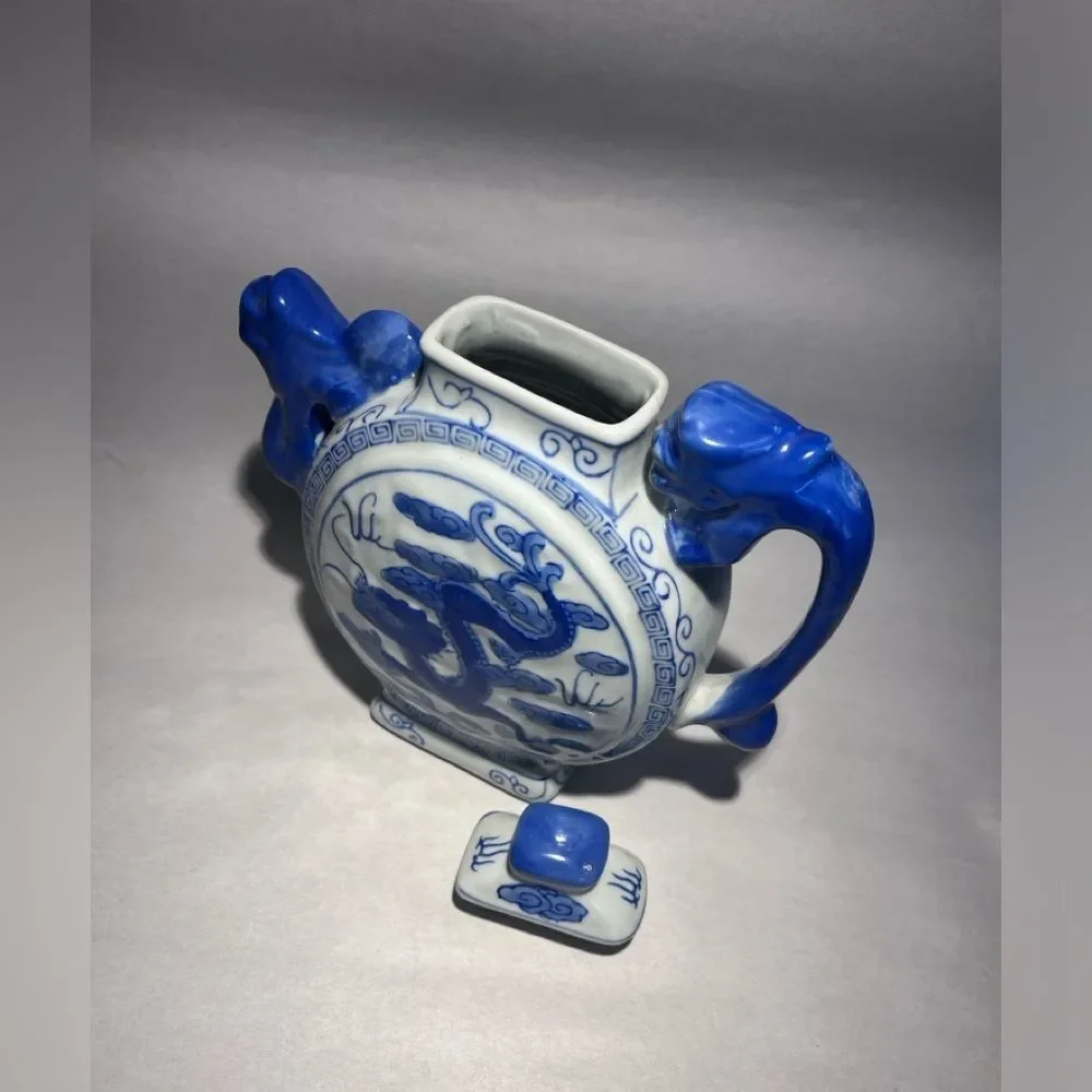 Vtg Dragon Design TeaPot Decorative White Blue Collectible Made In China